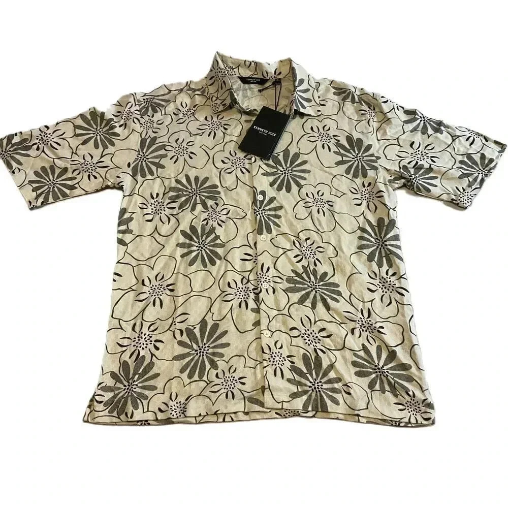 NWT Kennethโ Cole Cream Black Short Sleeve Button Down Shirt Mens Medium